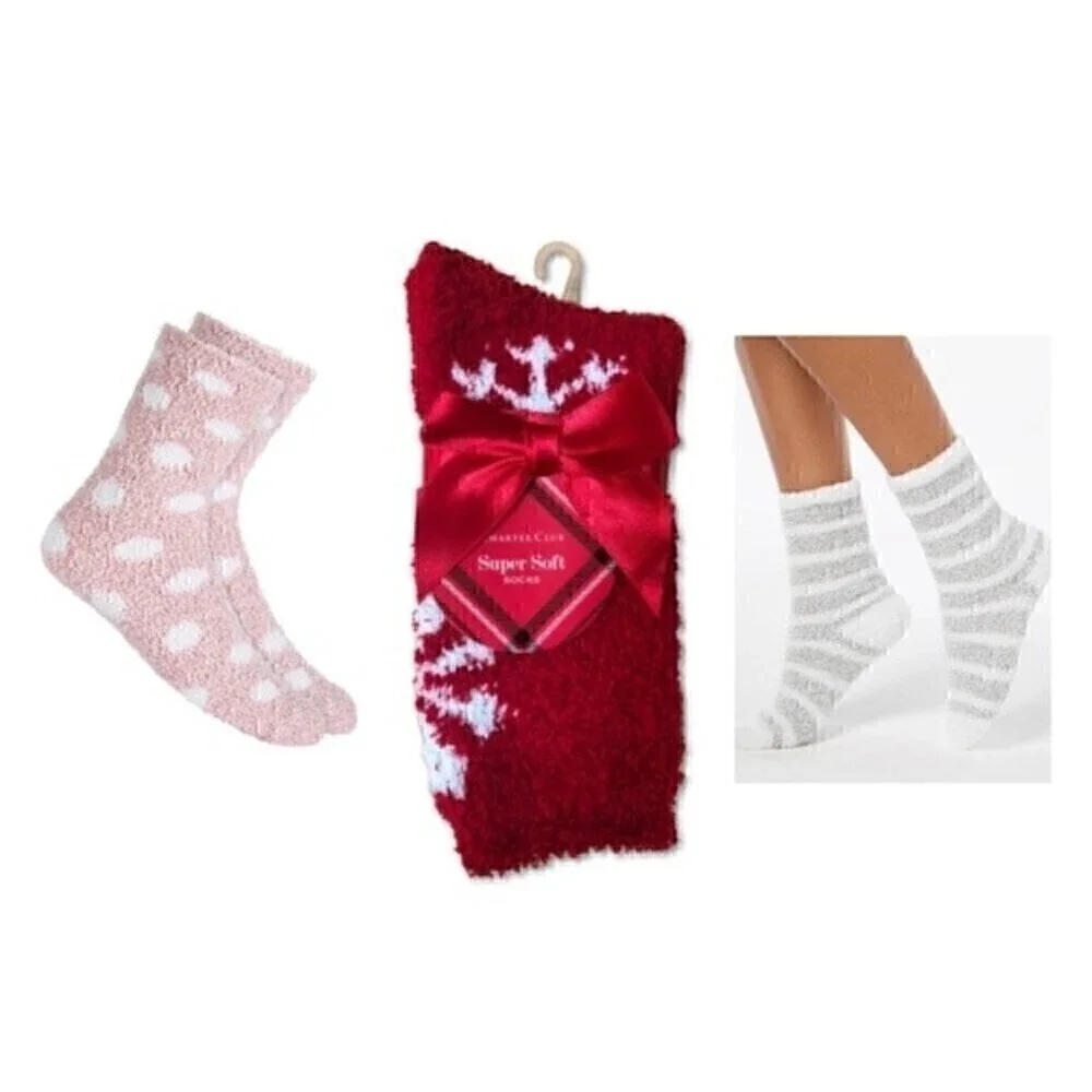 3 Set Charter Club Womens Size 9-11 Butter Super Soft Cozy Crew Socks pink red …